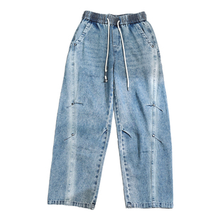 美式弯刀牛仔裤男士宽松直筒拼接2026新款春秋复古阔腿长裤大学生