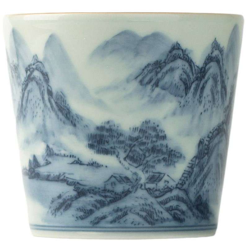 三勤堂青花手绘山水直口杯主人杯
