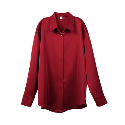 酒红缎面宽松抗皱通勤衬衫女