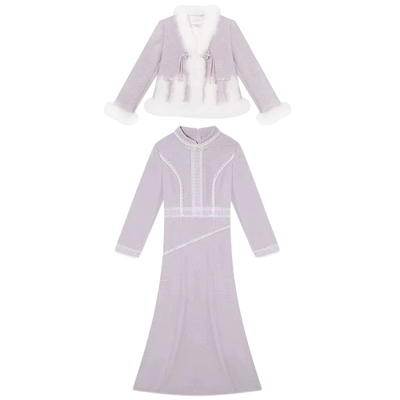 冬季套装鱼尾旗袍连衣裙羽绒外套