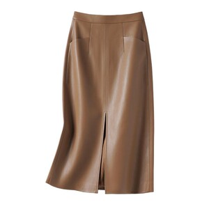 海宁真皮皮裙女高腰半身裙2025秋冬新款绵羊皮过膝开叉a字中长裙