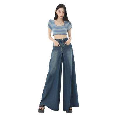 KRO毛边复古牛仔裤裙2025春新款小众设计港风显瘦高腰阔腿喇叭裤