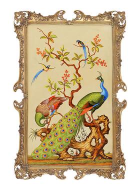 蒂高美居孔雀花鸟陶瓷板画镶铜相框手绘油画欧式古典别墅客厅挂画