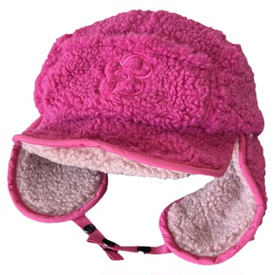 火龙果色雷锋帽子女秋冬拼色防寒护耳帽保暖毛绒套头帽小花飞行帽