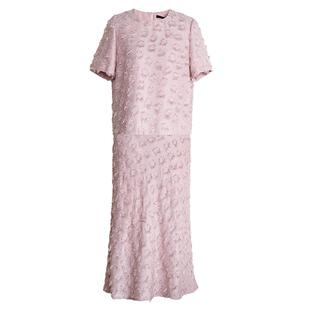 罗衣温柔粉色肌理感流苏套装女夏正肩T恤+半身裙两件套套裙10228