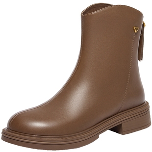 百丽粗跟弹力靴女靴子新款冬季加绒瘦瘦靴休闲短靴子B2150DD4