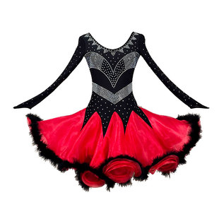 拉丁舞服装新款连衣裙黑色大摆长裙三步踩舞蹈服表演出服伦巴比赛