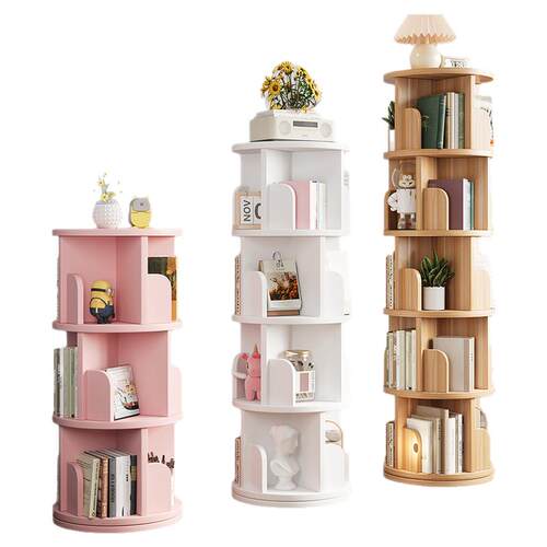 实木旋转书架360度书柜落地儿童置物架可移动圆形多层客厅家用