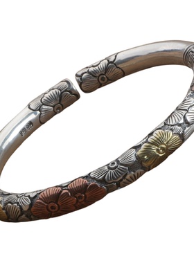 梅花999银手镯女开口立体浮雕