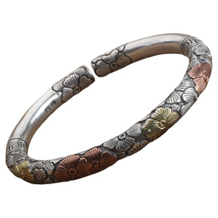 梅花 999银手镯女纯银手工錾刻开口立体梅花浮雕金箍棒足银情侣镯