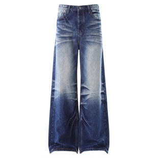 HY711 爆裂纹抓痕猫须磨白直筒微喇牛仔裤男女百搭cleanfit裤子