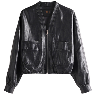 真皮羽绒服女短款皮衣外套酷飒美式V领宽松显瘦绵羊皮机车皮夹克