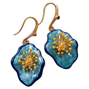 复古蓝色滴釉花朵耳环女2025新款爆款高级感耳钉独特漂亮耳钩耳饰
