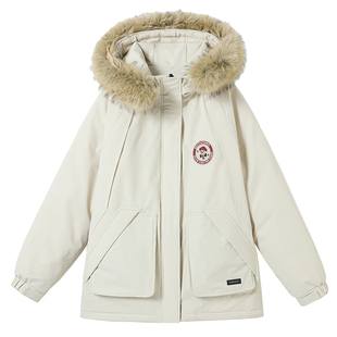 工装羽绒服少女初中生90白鸭绒新款宽松连帽加厚毛领派克服外套女