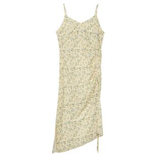 NEELLY纳俪商场同款碎花吊带裙无袖长裙新款黄色显瘦收腰A字裙春