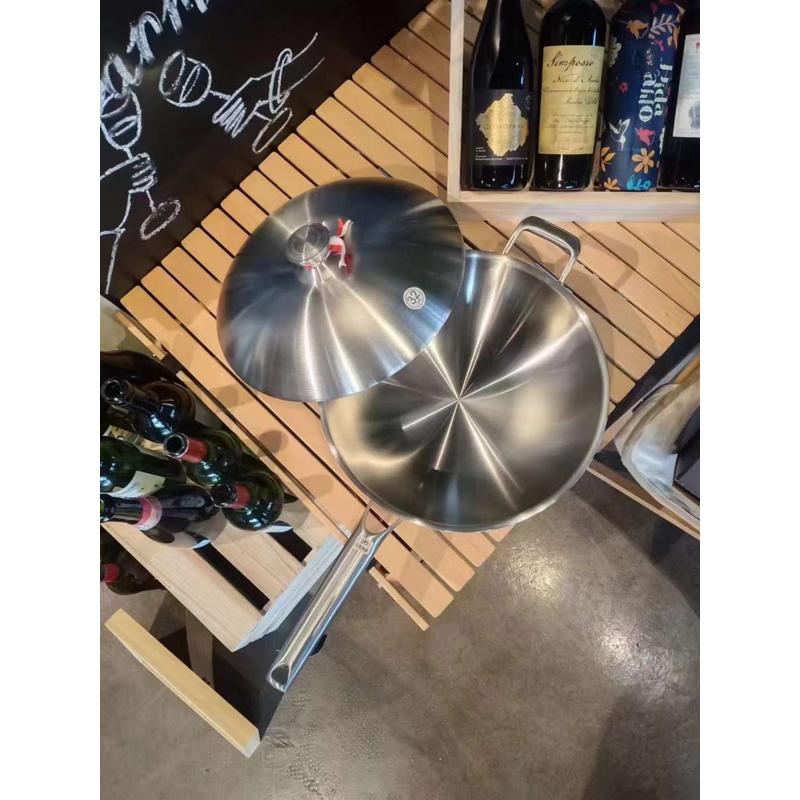 食品级316不锈钢三层一体钢32cm中式无涂层平底多用途炒煎炒锅