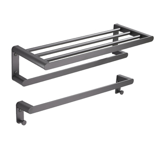 免打孔北欧灰色折叠毛巾架套餐 浴室太空铝双层置物架 浴巾架挂件