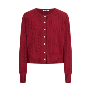 MosesQueen魔西女王红色麻花针织开衫女短款毛衣外套软糯长袖上衣