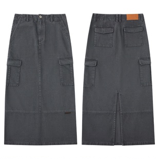 TreesBasic莱赛尔水洗做旧直筒工装裙2025年新款日常半身裙休闲女