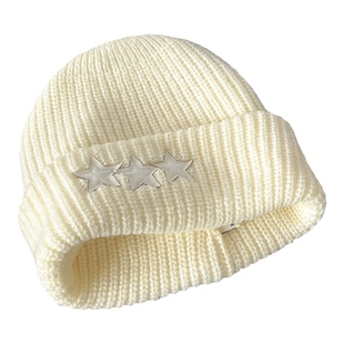 蓝色针织帽子女款2025新款冬季保暖百搭韩版星星大头围包头毛线帽