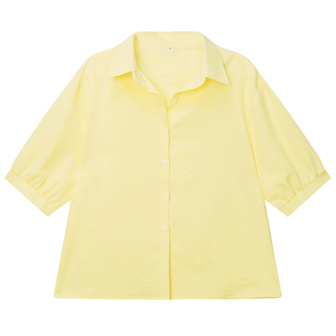 黄色夏季新款衬衫女短袖纯色宽松韩版休闲衬衣上衣设计小众小香风