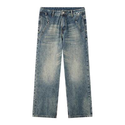 98SQUID 美式复古cleanfit做旧猫须水洗牛仔裤男女宽松休闲长裤子