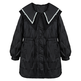 2025年新款女装冬季收腰中长款羽绒服女黑色显瘦海军领白鸭绒外套