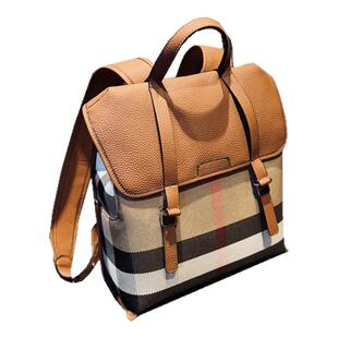 欧美时尚真皮双肩包2026新款格子格纹包轻便牛皮背包休闲女士书包