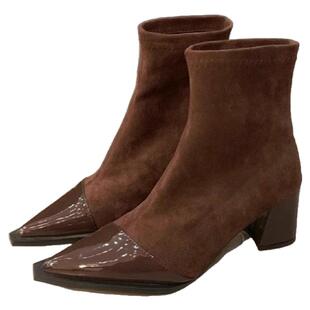 法式显瘦弹力短靴女2025新款秋冬小香风尖头粗跟瘦瘦靴女高跟靴子