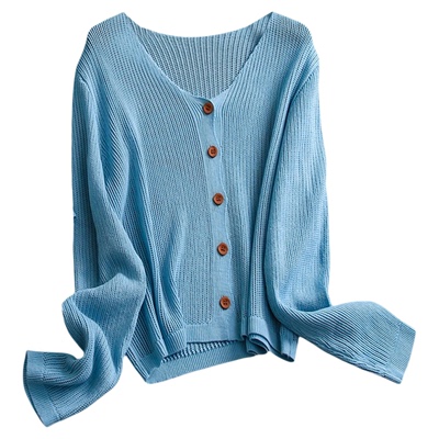 V领叠穿短款空调衫长袖女针织衫