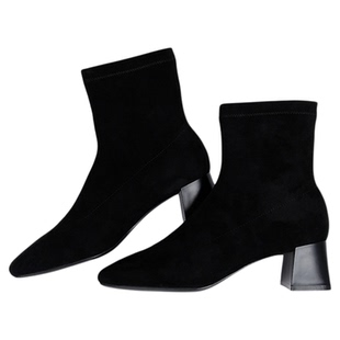 Mantener Gran 弹力瘦瘦靴短靴黑色高跟单靴绒面靴子法式方头踝靴