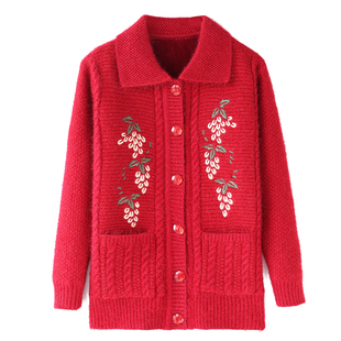 老年人秋冬女装全身加绒毛衣70-80岁奶奶针织开衫老太太保暖外套