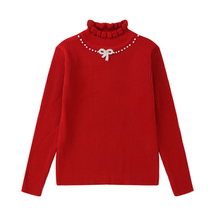 女童毛衣2026新款春季儿童打底衫早春红色洋气一体绒针织内搭春秋