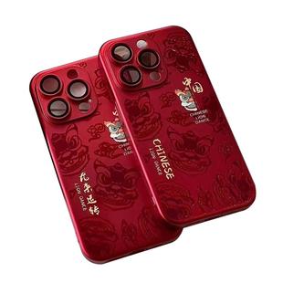 新年龙年舞狮适用iPhone15promax手机壳新款苹果14带镜头膜13pro防摔12中国风11网红全包plus红色套硬壳超薄