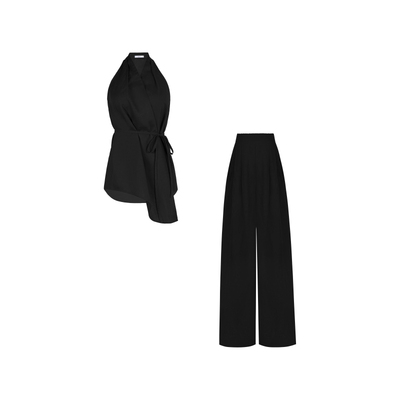 XULU原创进口天丝亚麻削肩度假挂脖V领上衣气质收腰长裤两件套装
