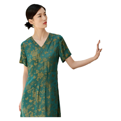 国风经典小碎花桑蚕丝真丝连衣裙