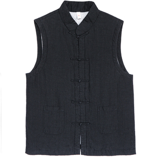 古石后原创新中式国风棉马甲女秋冬复古对襟外穿黑色保暖夹棉外套