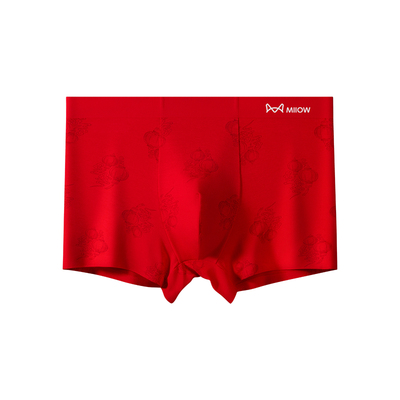 MiiOW/猫人大红色印花男士内裤莫代尔弹力透气本命年红短裤头底裤