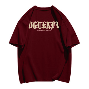 美式vibe重磅纯棉短袖t恤男夏季嘻哈高街潮牌字母印花酒红色上衣