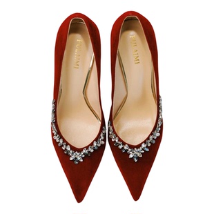 红色婚鞋高跟鞋尖头细跟日常可穿新娘水钻前掌加宽大码女鞋宽胖脚