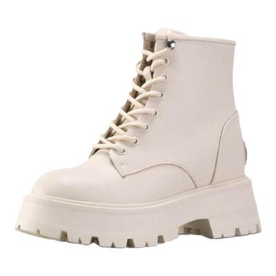 黄智雯同款米色9cm内增高马丁靴