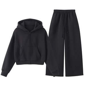 ZzZHANG｜R*L纸片人_26春简约实穿显瘦黑色连帽卫衣裤打底裤套装