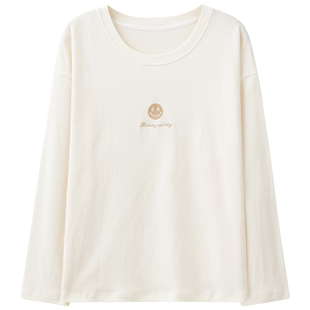 芬腾春秋纯棉女士上衣圆领大码长袖全棉休闲宽松t恤女单件家居服