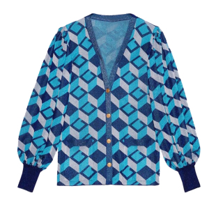 法式复古v领金线蓝色菱形格纹宽松针织开衫外套洋气女灯笼袖上衣