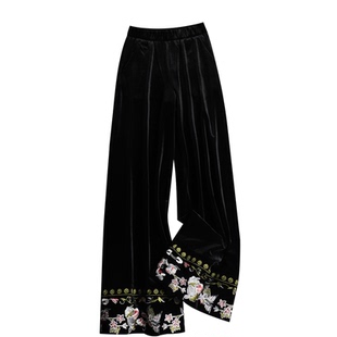 修长瘦瘦裤~好版型裤子女2025新款冬宽边绣花黑色丝绒阔腿裤女