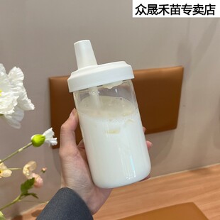 大容量玻璃水杯子女生粗吸管高颜值果汁牛奶茶饮料办库 销2023新款