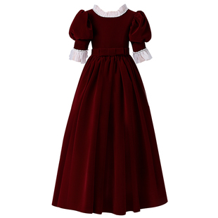 女童红色秋冬丝绒六一晚礼服儿童高端宫廷风走秀大童主持人礼服裙