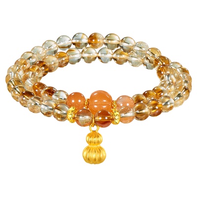 金至尊水晶金黄金手链女 双层叠戴黄水晶手串5D硬金足金葫芦手饰