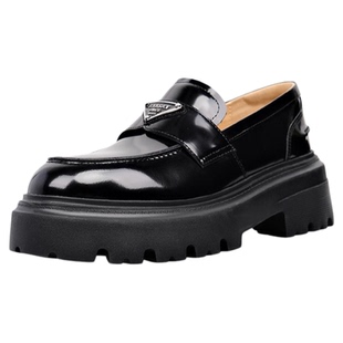 【牛皮】星期六厚底乐福鞋女秋冬季黑色增高单鞋子粗跟加绒小皮鞋