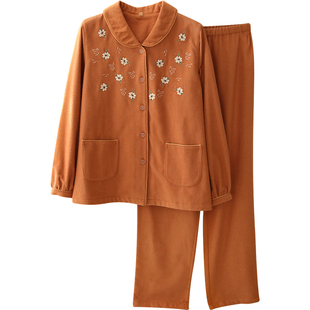 秋冬新款纯棉磨毛睡衣女式保暖长袖家居套装刺绣宽松柔软可外穿